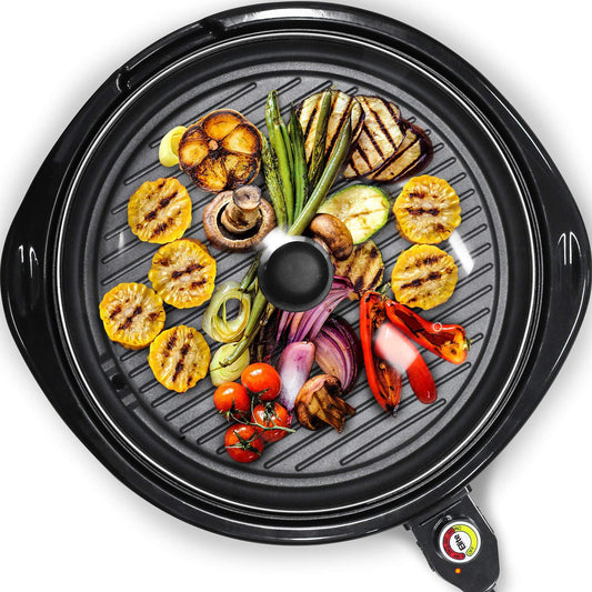 Elite Gourmet EMG-980BSC Large Indoor Electric Round Nonstick Grill Cool Touch Fast Heat Up Ideal Low-Fat Meals Easy to Clean Design Dishwasher Safe Includes Glass Lid, 14" Round B, Black - CookCave
