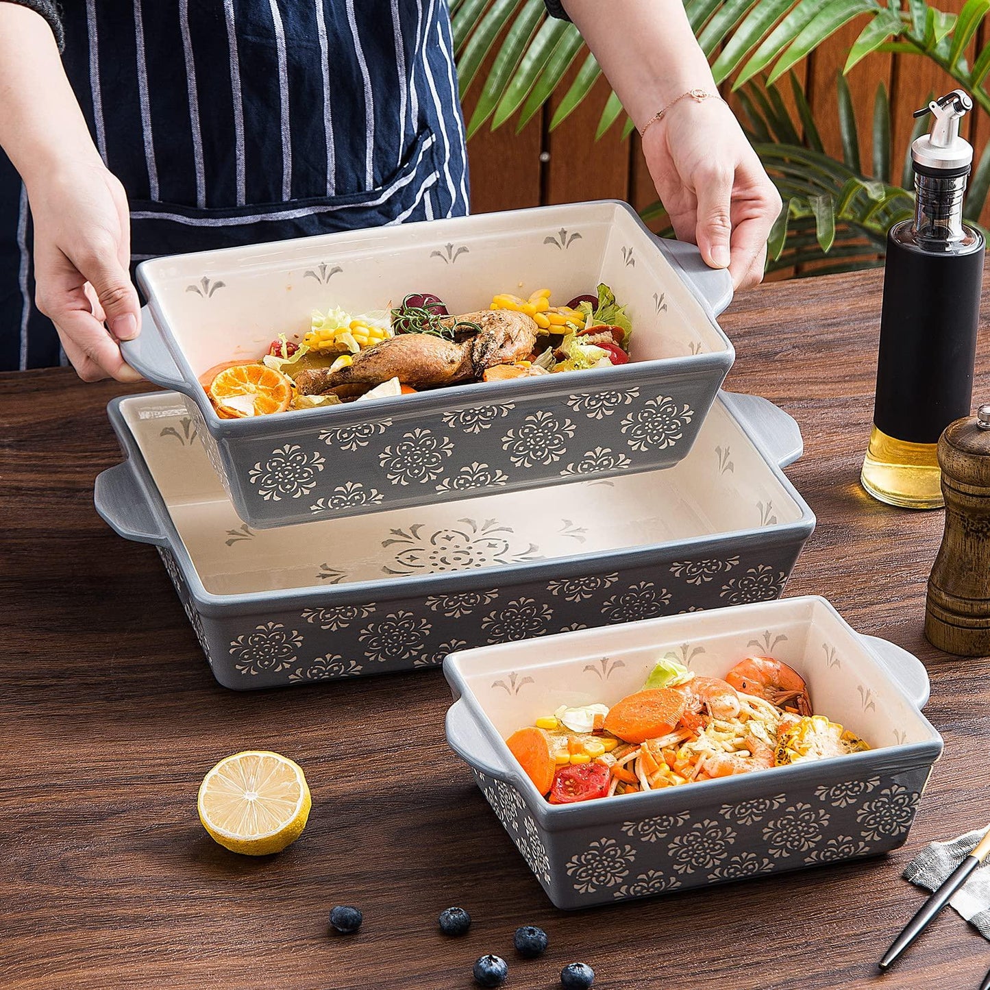 Original Heart Casserole Dish Ceramic Baking Pan 3pcs Bakeware Set Grey Baking Dish for Oven 9x13 Baking Pan Casserole Dish Set Nonstick Baking Dishes for kitchen - CookCave