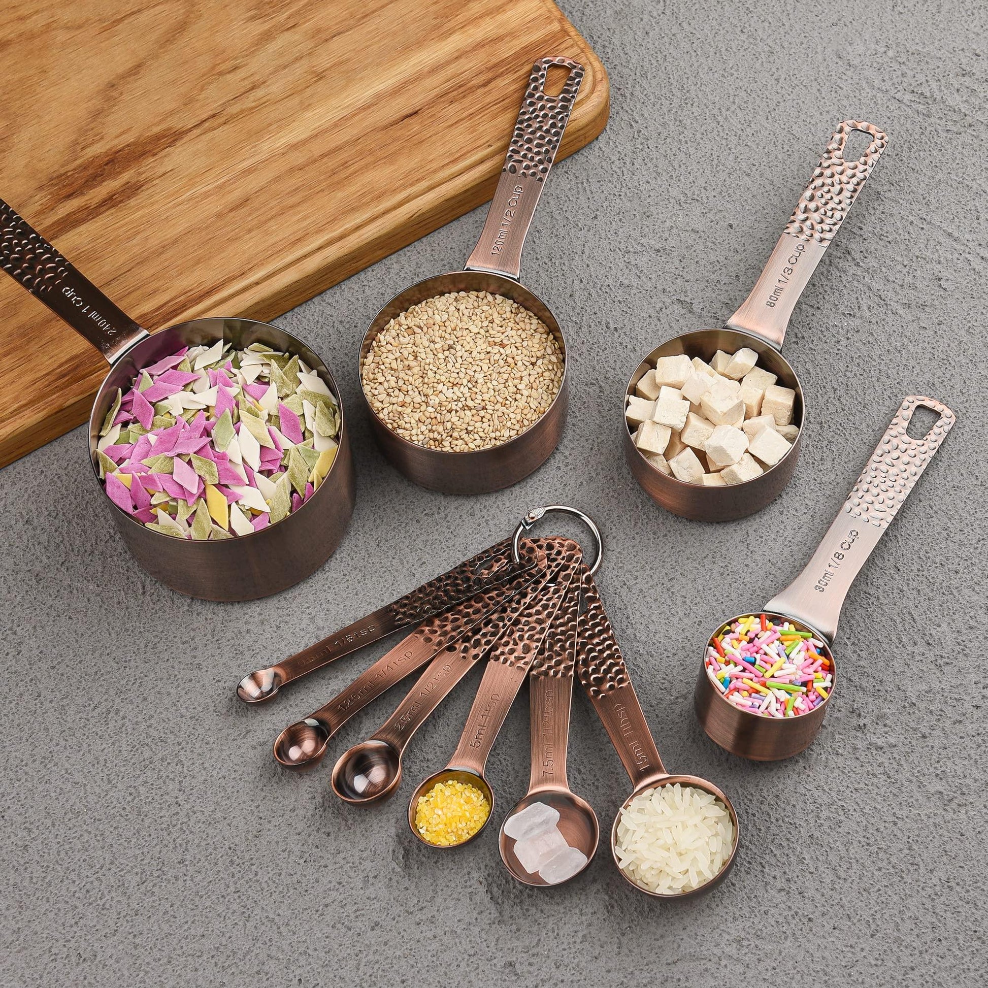 Measuring Cups and Spoons, Copper Measuring Cups and Spoons set, Stainless Steel Copper Plated 14 Piece Set of 5 Copper Measuring Cups and 6 Copper Measuring Spoons,1Leveler and 2Rings, Kitchen Tool - CookCave