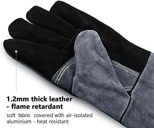 932℉ Grill BBQ Gloves 16-inch Heat Resistant Leather Forge Welding Glove with Flame Retardant Long Sleeve and Insulated Lining for Men and Women Black-Gray - CookCave