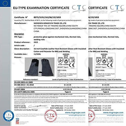 932℉ Grill BBQ Gloves 16-inch Heat Resistant Leather Forge Welding Glove with Flame Retardant Long Sleeve and Insulated Lining for Men and Women Black-Gray - CookCave