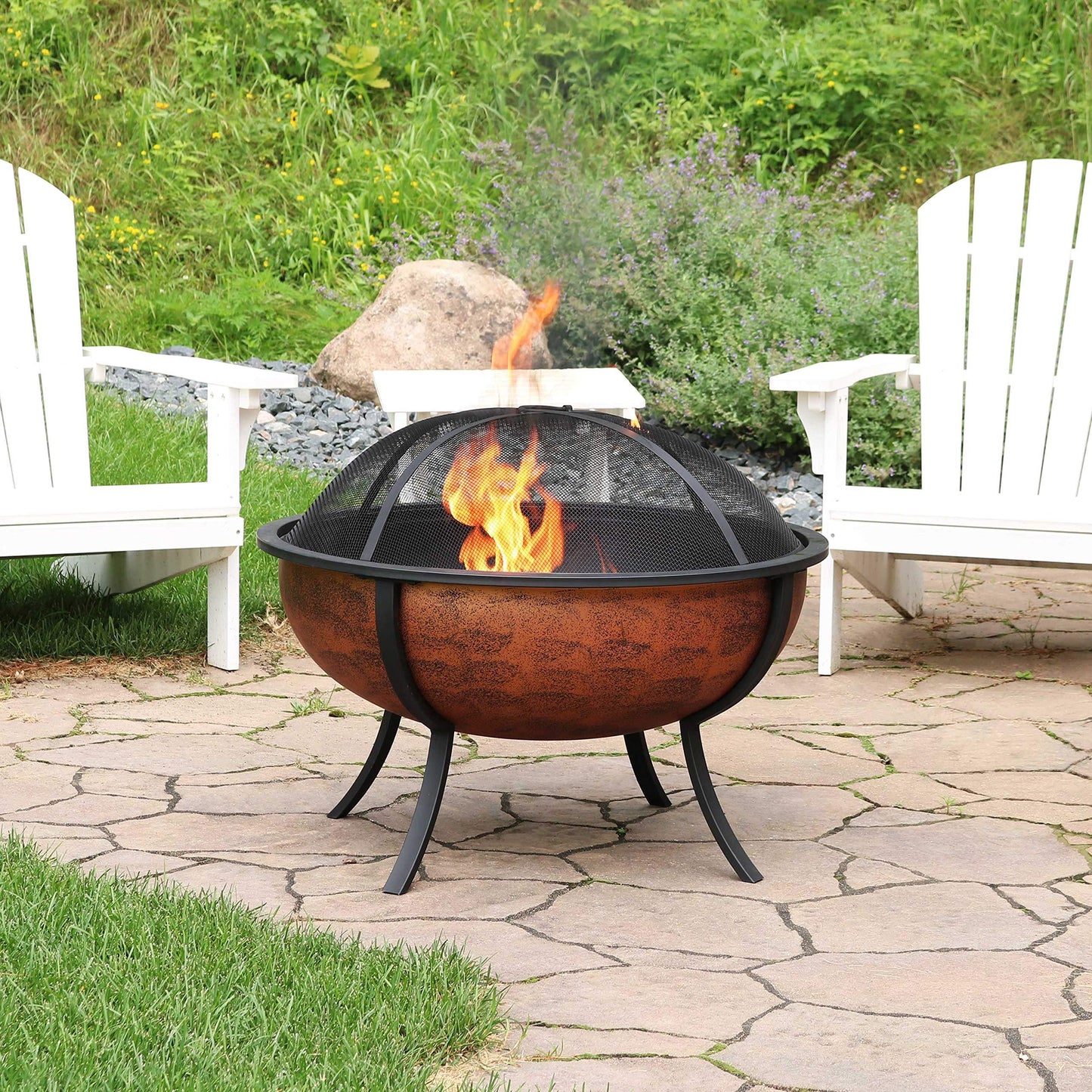 Sunnydaze 32-Inch Steel Fire Pit Bowl - Includes Spark Screen, Wood Grate, and Poker - High-Temperature Copper Finish - CookCave