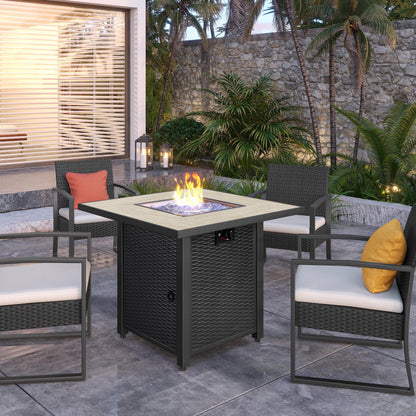 Yaheetech 30" Propane Gas Fire Pit Table 50,000 BTU Square Gas Fire Table with Ceramic Tabletop and Blue Fire Glass for Outdoor /Patio with Rattan Pattern Steel Base/Lid, Black - CookCave