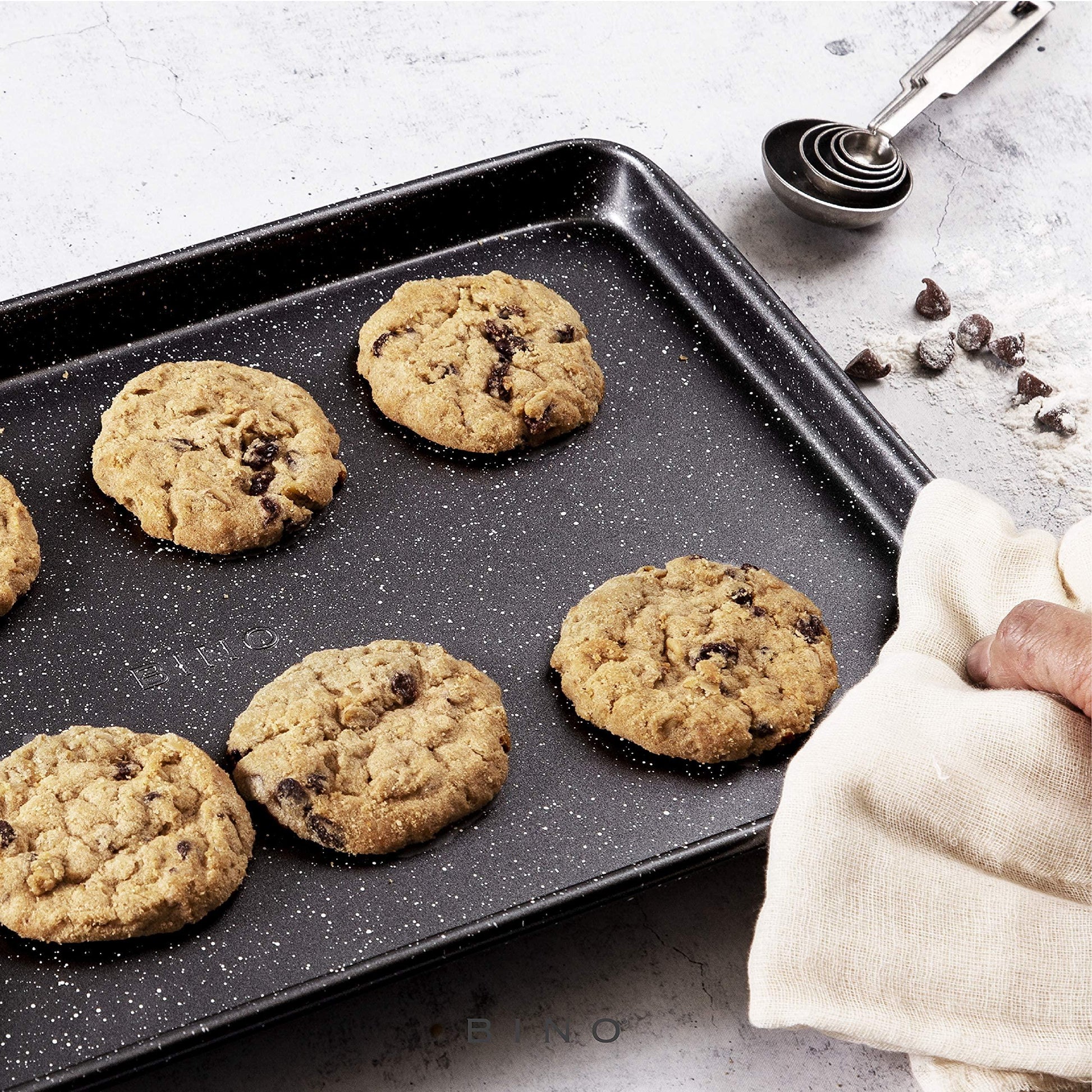 BINO Bakeware Nonstick Cookie Sheet Baking Tray Set 3-Piece - Speckled Black | NonStick Baking Pans Set | Carbon Steel Tray Bakeware Sets | Oven Safe Baking Set | Cookie Sheet Pans | Food-Safe Tray - CookCave