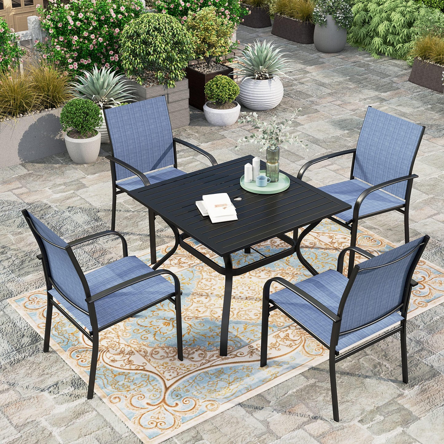 HERA'S HOUSE 5 Pieces Patio Dining Set, Outdoor Table and Chairs Set for 4, 4 x Blue Textilene Dining Chair, 37" Square Metal Dining Table, for Lawn Garden Backyard Deck - CookCave