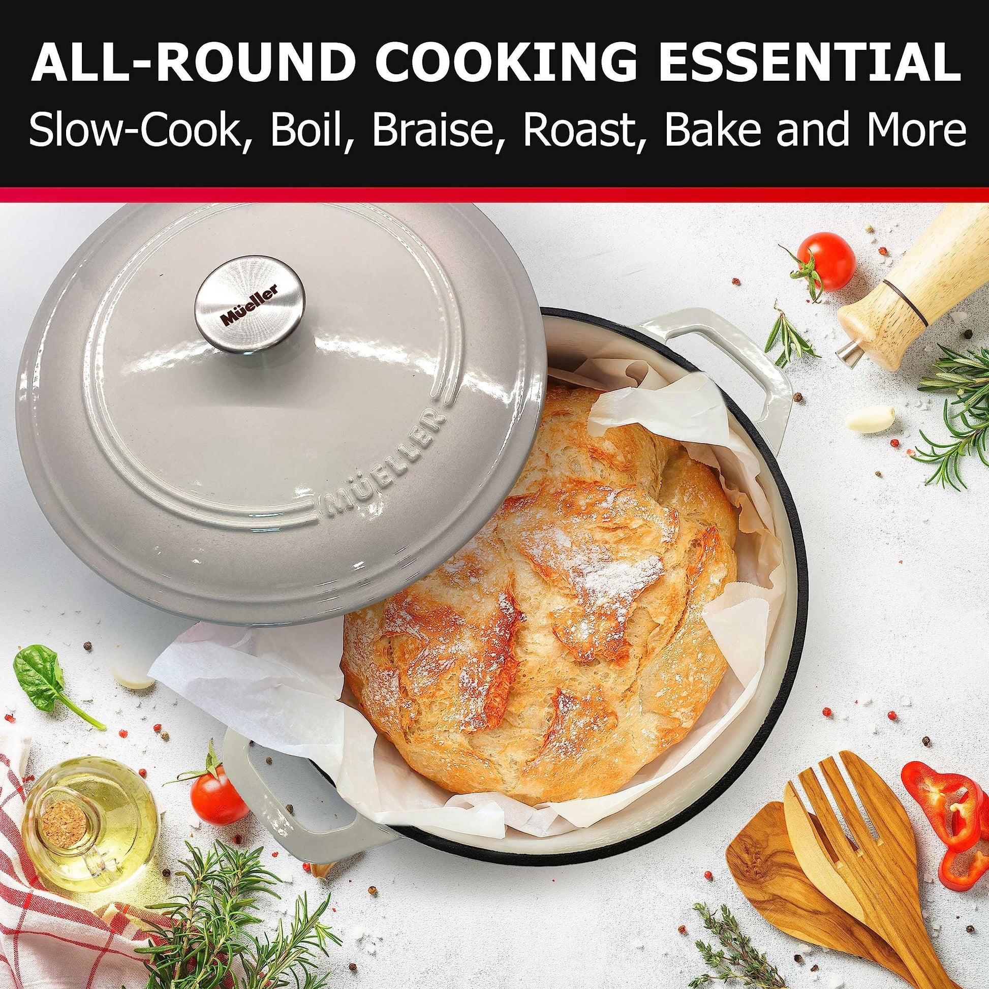 Mueller 6 Quart Enameled Cast Iron Dutch Oven, Dual Handles, Stainless Knob - For Braising, Stews, Roasting, Baking - CookCave