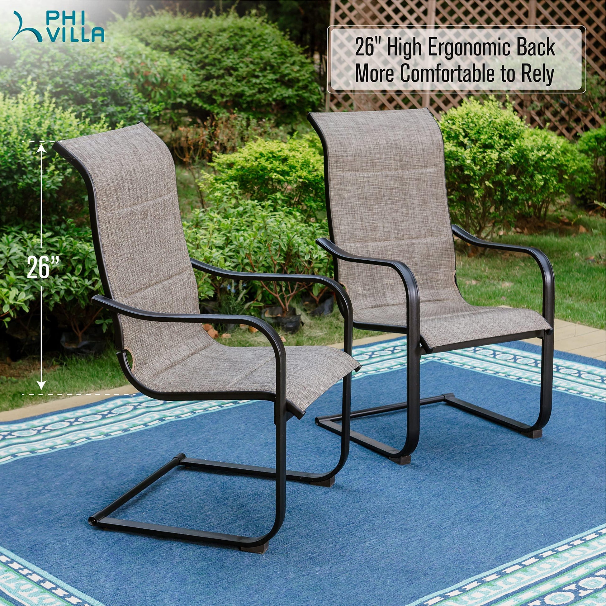 PHI VILLA Outdoor C-Spring Dining Chairs Set of 4, Patio Sling High Back Springy Chairs with Padded Textilene Fabric & Black Metal Frame, Durable and Strong for Patio, Porch, Deck, Yard - CookCave