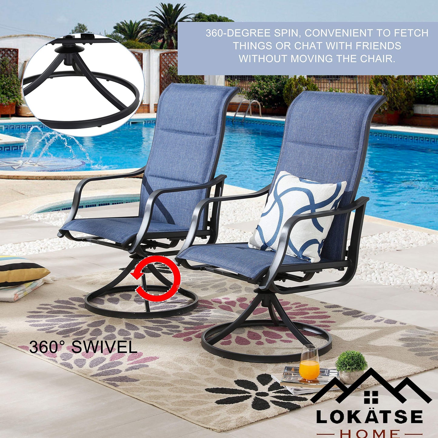 LOKATSE HOME Outdoor Patio Swivel Dining Chair Sling Set with Textilene Fabric All Weather Frame (Set of 2), Blue-1 - CookCave