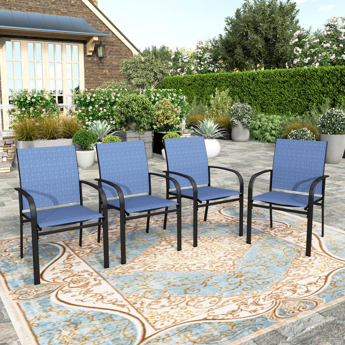 HERA'S HOUSE Patio Dining Chairs Set of 4, 36" Textilene Fabric Outdoor Chair with Wrought Iron Metal Frame Support 350lbs for Lawn Garden Backyard Kitchen, Blue - CookCave