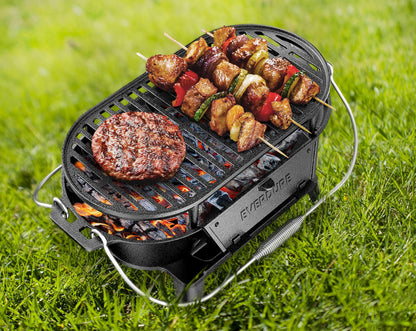 Everdure Oval Cast Iron Grill & Cover – Outdoor, Portable Charcoal Grill and Tabletop Cast Iron Skillet - 100% Cast Iron, Enameled, Durable, Small Charcoal Grill, Camping Stove, Hibachi Grill - CookCave