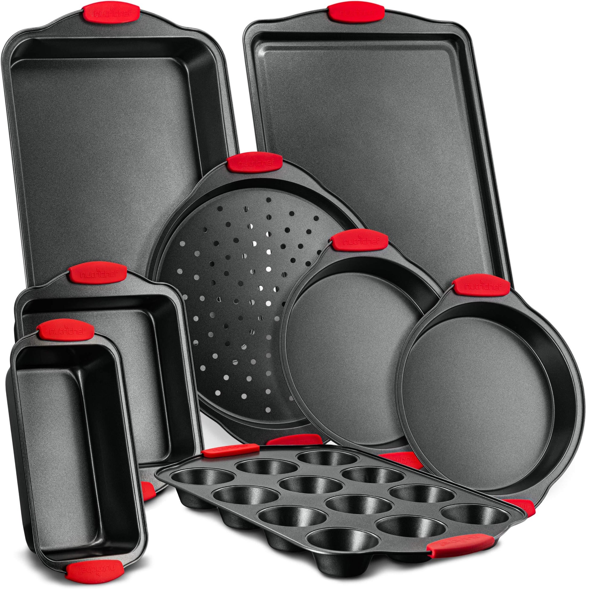 Nutrichef w/Heat Red Silicone Handles, Oven Safe, 8 Piece Set, Black - CookCave