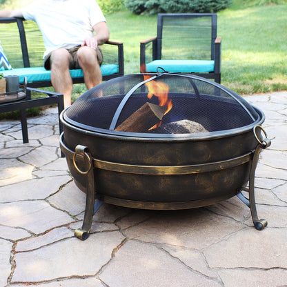 Sunnydaze 34-Inch Cauldron Style Outdoor Fire Pit Bowl with Spark Screen, Log Poker, and Wood Grate - Dark Bronze Finish - CookCave