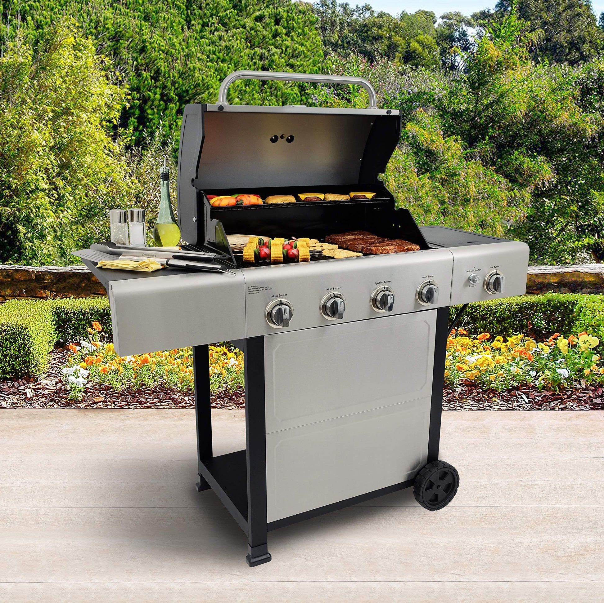 Kenmore 4-Burner Gas Grill with Side Burner, Outdoor BBQ Grill, Propane Gas Grill, Cast Iron Cooking Grates, Electronic Ignition, Warming Rack, Open Cart Design, 53000 BTUs, Stainless Steel - CookCave