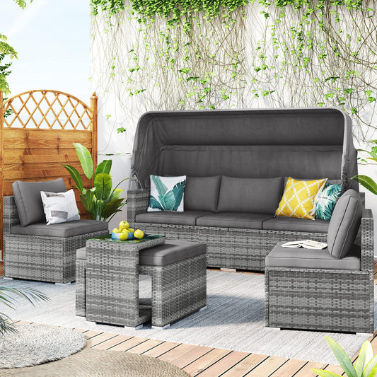 Yehha 5 Pieces Outdoor Patio Furniture Set, All Weather PE Wicker Rattan Daybed, Conversation Sectional Sofa with Canopy and Tempered Glass Side Table, for Lawn, Garden, Backyard, Gray, Full - CookCave