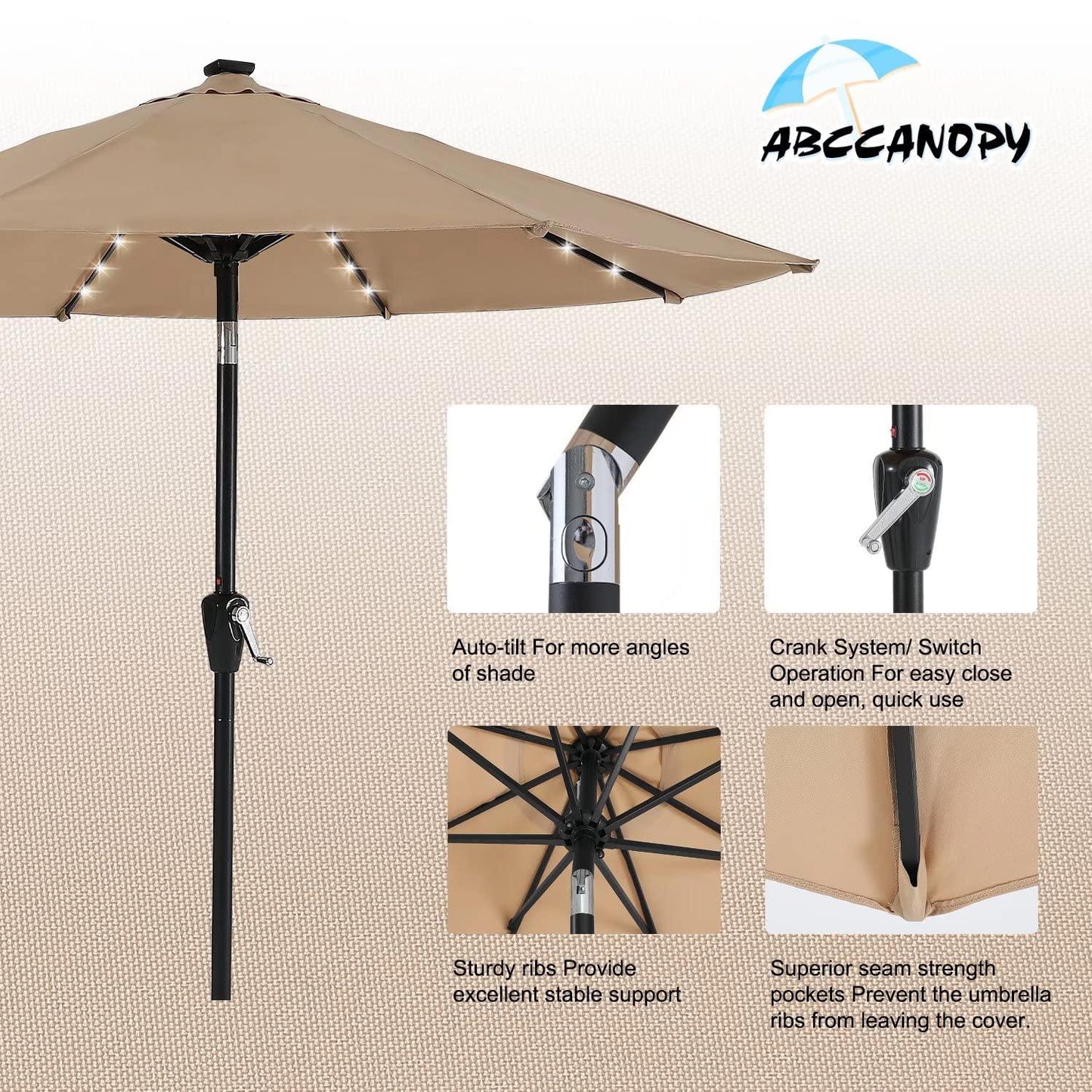 ABCCANOPY Durable Solar Led Patio Umbrellas with 32LED Lights 9FT (khaki) - CookCave