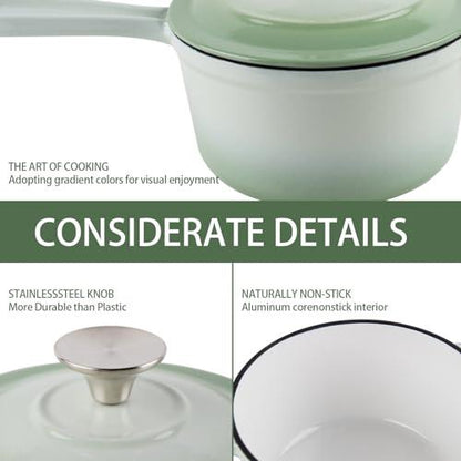 AILIBOO Enameled Cast Iron Sauce Pan, 2 Quarts Round Sauce Pot with Lid, Min Dutch Oven Enamel Saucepan for Cooking Pasta Sauce, Gravy, Puddings & Boiling, Gradient Green - CookCave