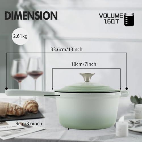 AILIBOO Enameled Cast Iron Sauce Pan, 2 Quarts Round Sauce Pot with Lid, Min Dutch Oven Enamel Saucepan for Cooking Pasta Sauce, Gravy, Puddings & Boiling, Gradient Green - CookCave