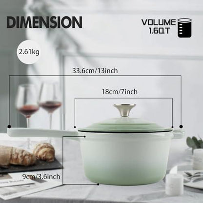 AILIBOO Enameled Cast Iron Sauce Pan, 2 Quarts Round Sauce Pot with Lid, Min Dutch Oven Enamel Saucepan for Cooking Pasta Sauce, Gravy, Puddings & Boiling, Gradient Green - CookCave