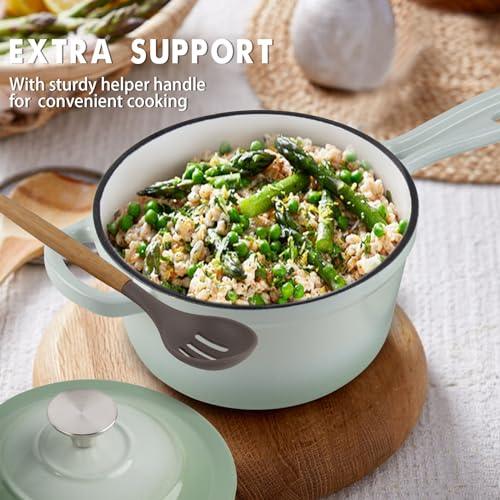 AILIBOO Enameled Cast Iron Sauce Pan, 2 Quarts Round Sauce Pot with Lid, Min Dutch Oven Enamel Saucepan for Cooking Pasta Sauce, Gravy, Puddings & Boiling, Gradient Green - CookCave