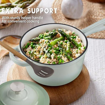 AILIBOO Enameled Cast Iron Sauce Pan, 2 Quarts Round Sauce Pot with Lid, Min Dutch Oven Enamel Saucepan for Cooking Pasta Sauce, Gravy, Puddings & Boiling, Gradient Green - CookCave