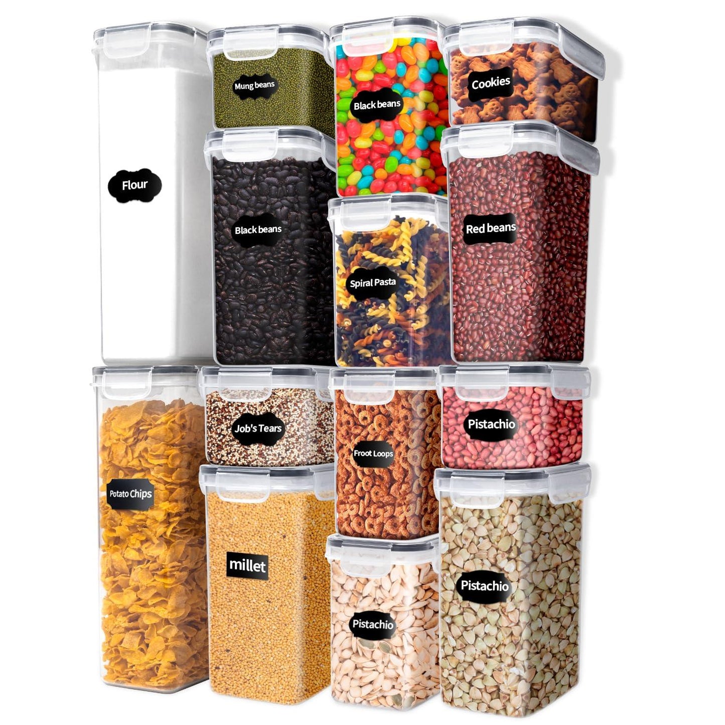 Airtight Food Storage Containers with Lids, 14 Pcs BPA Free Plastic Dry Food Canisters for Kitchen Pantry Organization and Storage for Cereal, Dishwasher safe,Include 20 Labels and Marker, Black - CookCave