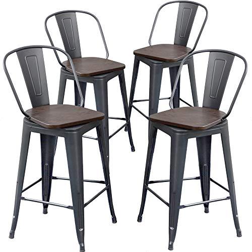 Aklaus Swivel Metal Bar Stools Set of 4 Counter Height Stools Counter Bar Stools with Back Swivel Metal Bar Chairs Wooded Seat 26 Inch Matte Black barstools - CookCave