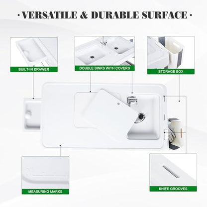 Allpop Folding Fish Cleaning Table with 2 Sinks & Grid Rack, 42.5'' Portable Camping Fish Fillet Station with Foldable Faucet, Drainage Hose, Sprayer, Storage Box, Drawer & Grooves for Picnic, White… - CookCave