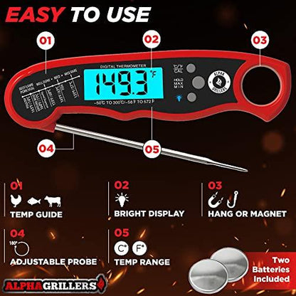 Alpha Grillers Instant Read Meat Thermometer for Grill and Cooking. Best Waterproof Ultra Fast Thermometer with Backlight & Calibration. Digital Food Probe for Kitchen, Outdoor Grilling and BBQ! - CookCave