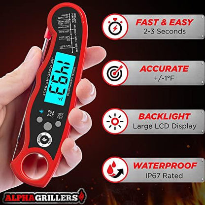 Alpha Grillers Instant Read Meat Thermometer for Grill and Cooking. Best Waterproof Ultra Fast Thermometer with Backlight & Calibration. Digital Food Probe for Kitchen, Outdoor Grilling and BBQ! - CookCave