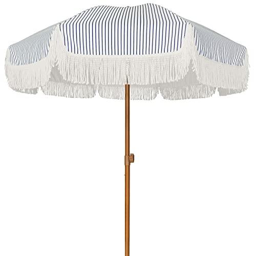 AMMSUN 7ft Patio Umbrella with Fringe Outdoor Tassel Umbrella UPF50+ Premium Steel Pole and Ribs Push Button Tilt, Navy Blue Stripes - CookCave