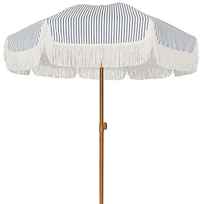 AMMSUN 7ft Patio Umbrella with Fringe Outdoor Tassel Umbrella UPF50+ Premium Steel Pole and Ribs Push Button Tilt, Navy Blue Stripes - CookCave