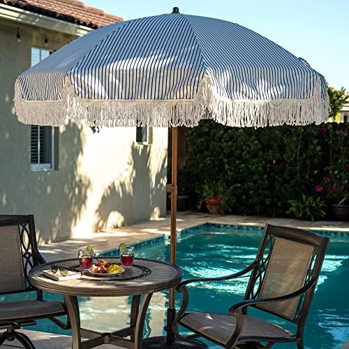 AMMSUN 7ft Patio Umbrella with Fringe Outdoor Tassel Umbrella UPF50+ Premium Steel Pole and Ribs Push Button Tilt, Navy Blue Stripes - CookCave