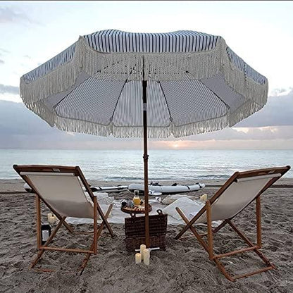 AMMSUN 7ft Patio Umbrella with Fringe Outdoor Tassel Umbrella UPF50+ Premium Steel Pole and Ribs Push Button Tilt, Navy Blue Stripes - CookCave