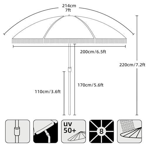 AMMSUN 7ft Patio Umbrella with Fringe Outdoor Tassel Umbrella UPF50+ Premium Steel Pole and Ribs Push Button Tilt, Navy Blue Stripes - CookCave