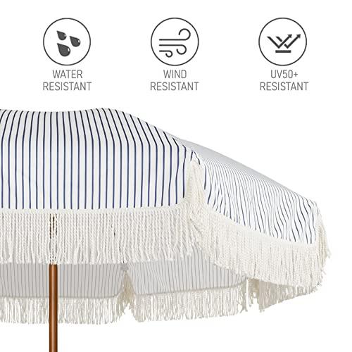 AMMSUN 7ft Patio Umbrella with Fringe Outdoor Tassel Umbrella UPF50+ Premium Steel Pole and Ribs Push Button Tilt, Navy Blue Stripes - CookCave