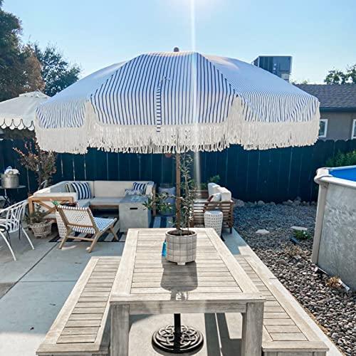 AMMSUN 7ft Patio Umbrella with Fringe Outdoor Tassel Umbrella UPF50+ Premium Steel Pole and Ribs Push Button Tilt, Navy Blue Stripes - CookCave