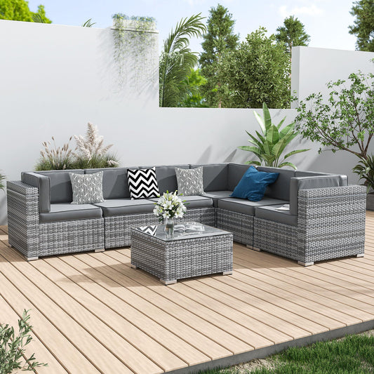 Amopatio Patio Furniture Set, Outdoor Patio Furniture Wicker Rattan Sofa, 7-Pieces Outdoor Sectional Set with Sofa Cover, Patio Conversation Set for Backyard Porch Balcony (Grey) - CookCave