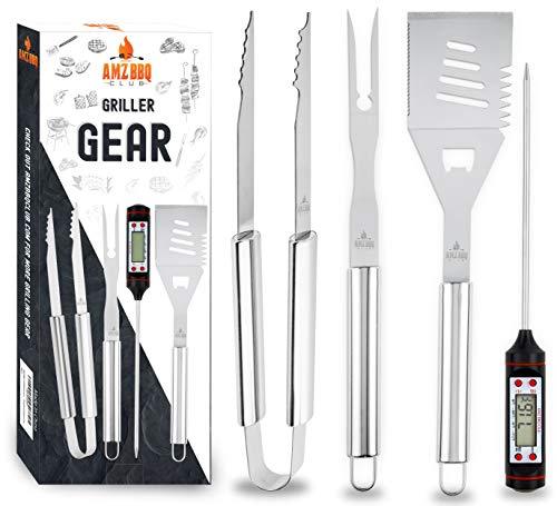 AMZ BBQ CLUB Grill Accessories - 4 Piece BBQ Tool Grill Set - Grill Tools Includes Stainless Steel Metal Spatula, Fork, Tongs and Instant Read Meat BBQ Thermometer - Great for Gifts - CookCave