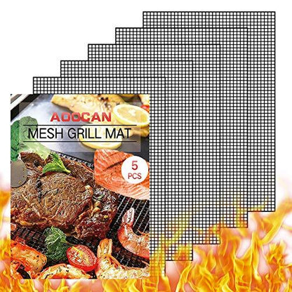 AOOCAN Grill mesh mat - Set of 5 Non Stick BBQ Grill mats, Heavy Duty, Reusable Grilling mats, Easy to Clean - Works on Gas, Charcoal, Pellet Grill - 15.75 x 13 in, Black - CookCave