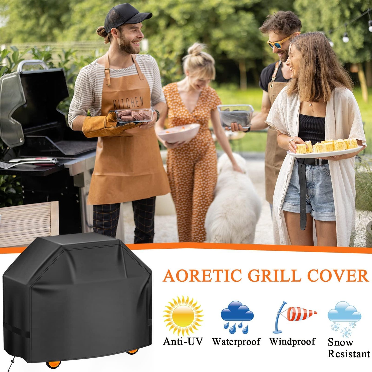 Aoretic Grill Cover, 58inch BBQ Gas Grill Cover, Waterproof,Anti-UV Material with Hook-and-Loop and Adjustable Rope for Weber Char-Broil Monument, Brinkmann Dyna-glo Nexgrill Megamaster MASTERCOOK - CookCave