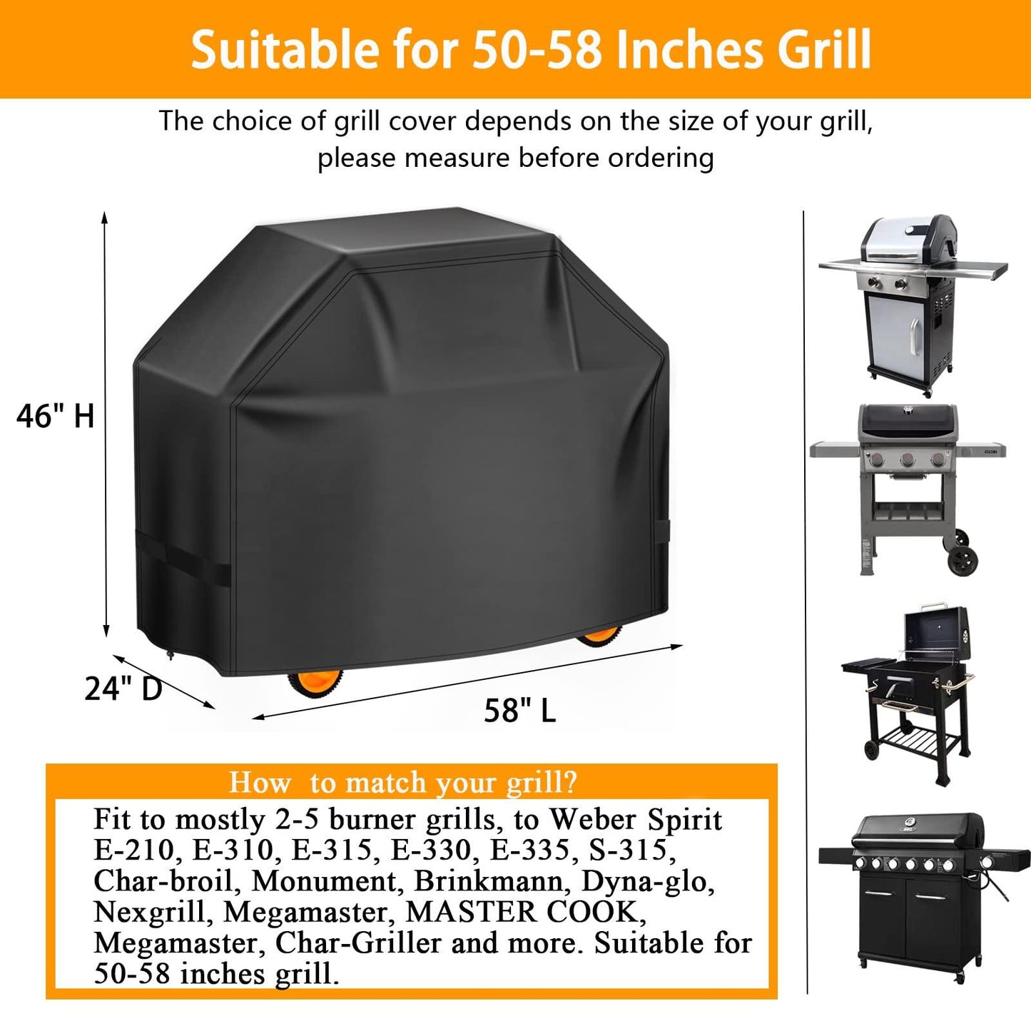 Aoretic Grill Cover, 58inch BBQ Gas Grill Cover, Waterproof,Anti-UV Material with Hook-and-Loop and Adjustable Rope for Weber Char-Broil Monument, Brinkmann Dyna-glo Nexgrill Megamaster MASTERCOOK - CookCave