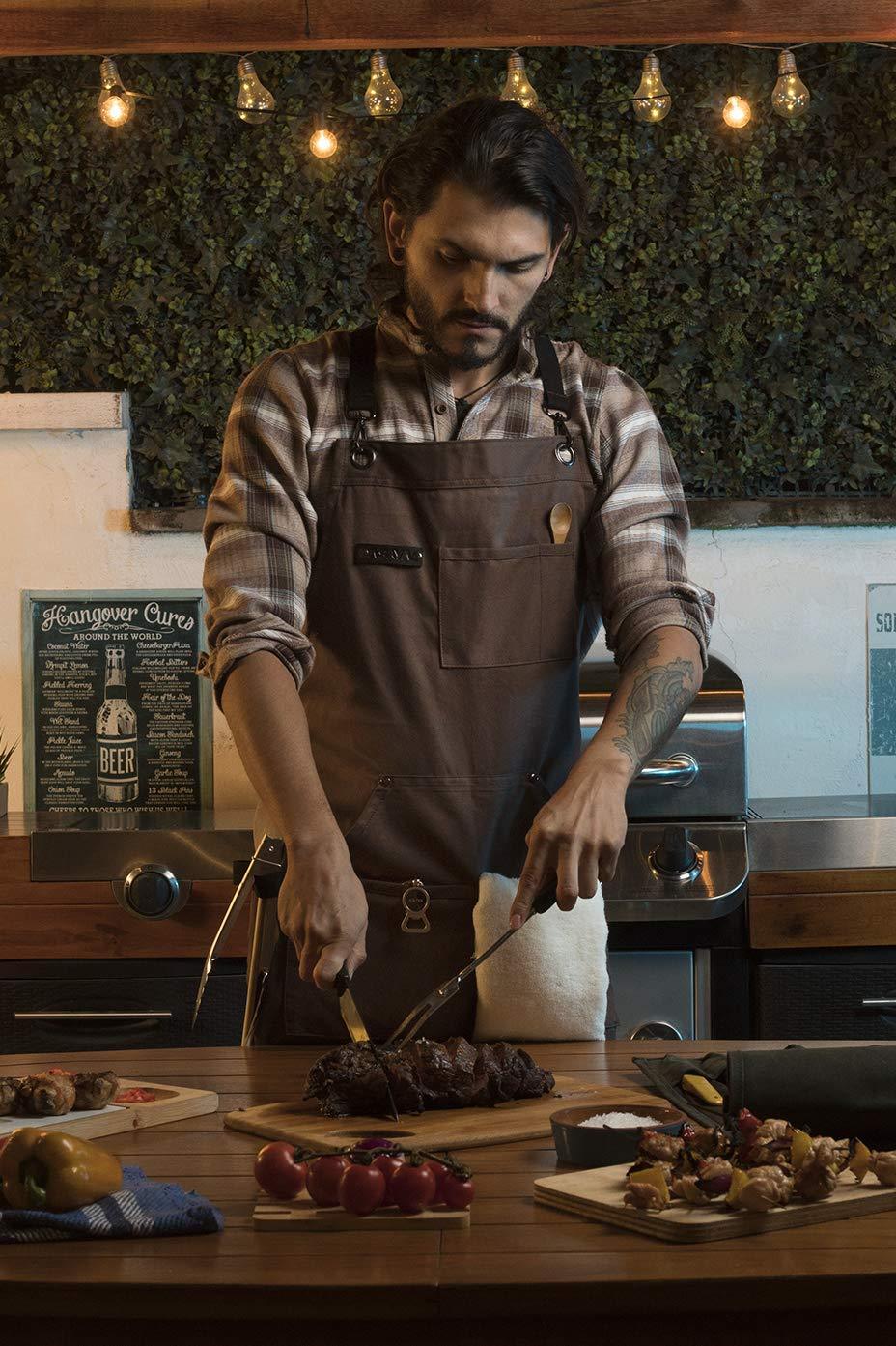 Asaya Chef, BBQ and Work Apron with Bottle Opener and Hand Towel - Durable 10oz Cotton Canvas, Brass Hardware and Cross Back Straps - For Men, Women, Grilling, and Cooking (Brown) - CookCave