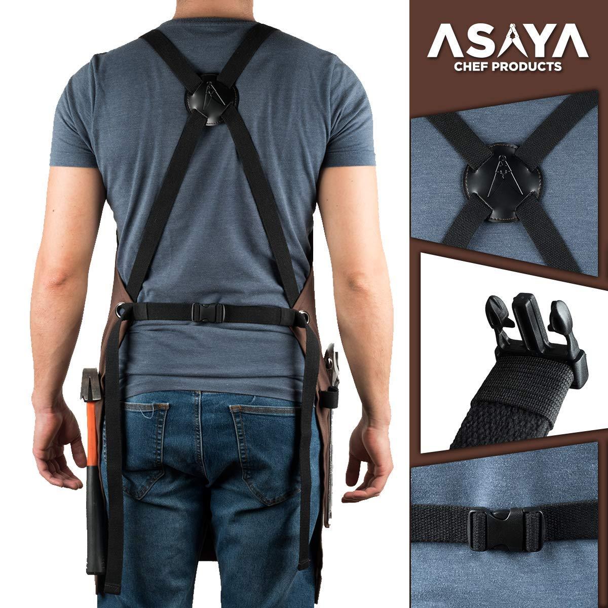 Asaya Chef, BBQ and Work Apron with Bottle Opener and Hand Towel - Durable 10oz Cotton Canvas, Brass Hardware and Cross Back Straps - For Men, Women, Grilling, and Cooking (Brown) - CookCave