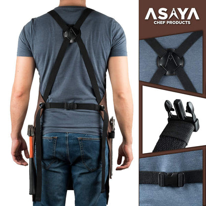 Asaya Chef, BBQ and Work Apron with Bottle Opener and Hand Towel - Durable 10oz Cotton Canvas, Brass Hardware and Cross Back Straps - For Men, Women, Grilling, and Cooking (Brown) - CookCave