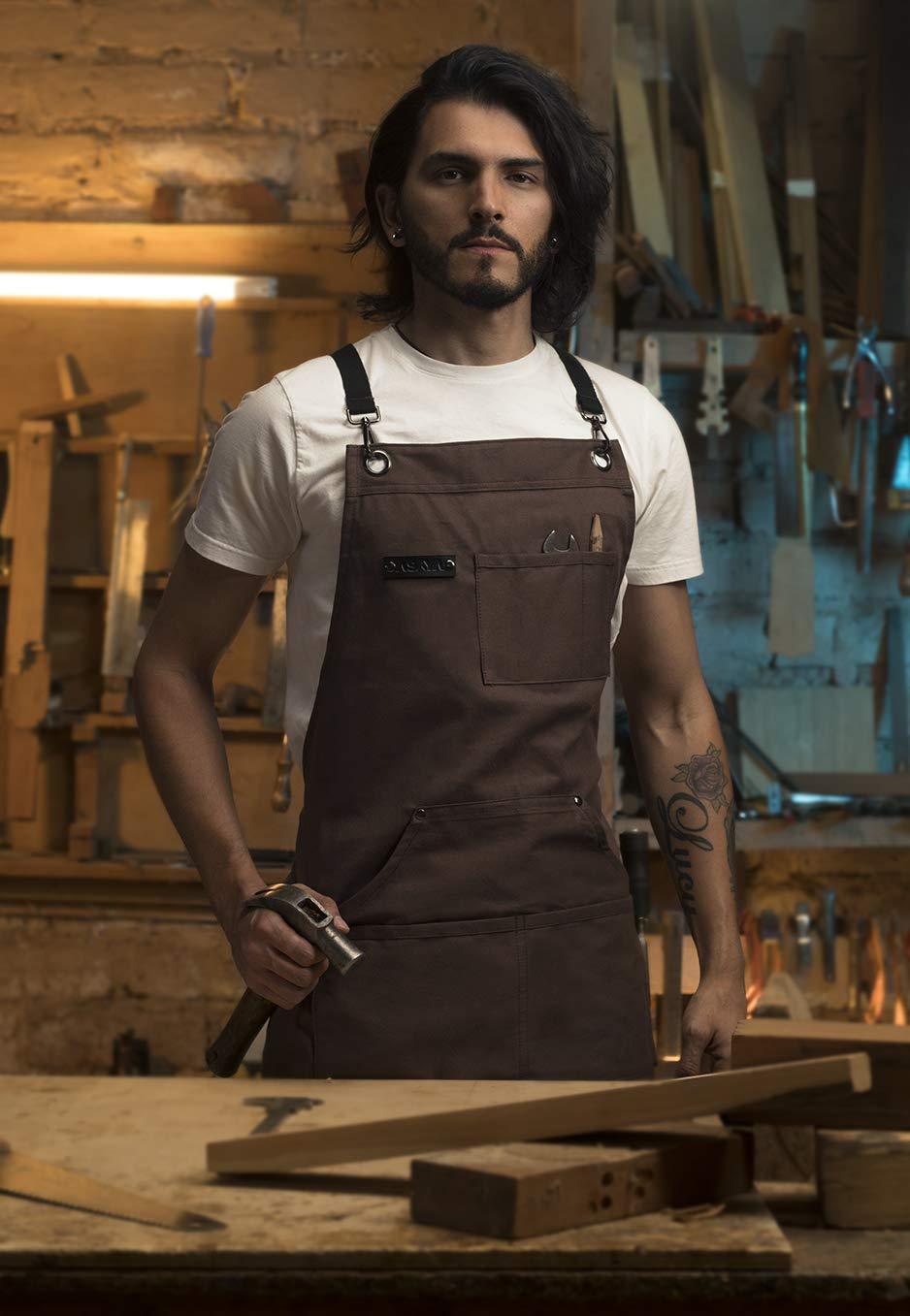 Asaya Chef, BBQ and Work Apron with Bottle Opener and Hand Towel - Durable 10oz Cotton Canvas, Brass Hardware and Cross Back Straps - For Men, Women, Grilling, and Cooking (Brown) - CookCave