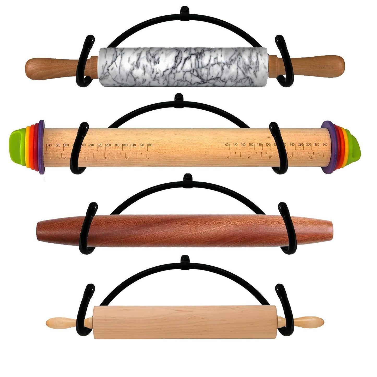 AUXPhome Rolling Pin Holder, 4-Pack, Adjustable Metal Display Rack, Rustic Black Finish, Holds 4 Rolling Pins - CookCave