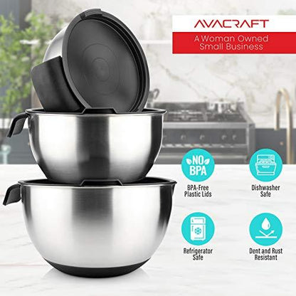AVACRAFT 18/10 Stainless Steel Mixing Bowls with Lids, non slip silicone base bowls with Handle, Mixing Bowl Set with Pour Spouts & Measurement Marks, Home Essentials Cooking Bowls, (Black) - CookCave