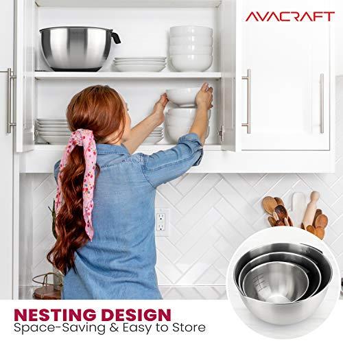 AVACRAFT 18/10 Stainless Steel Mixing Bowls with Lids, non slip silicone base bowls with Handle, Mixing Bowl Set with Pour Spouts & Measurement Marks, Home Essentials Cooking Bowls, (Black) - CookCave