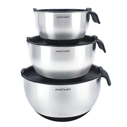AVACRAFT 18/10 Stainless Steel Mixing Bowls with Lids, non slip silicone base bowls with Handle, Mixing Bowl Set with Pour Spouts & Measurement Marks, Home Essentials Cooking Bowls, (Black) - CookCave