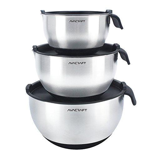 AVACRAFT 18/10 Stainless Steel Mixing Bowls with Lids, non slip silicone base bowls with Handle, Mixing Bowl Set with Pour Spouts & Measurement Marks, Home Essentials Cooking Bowls, (Black) - CookCave